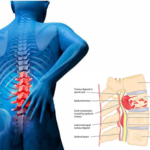 Medical illustration showing spinal cord pain and vertebrae damage in the lower back